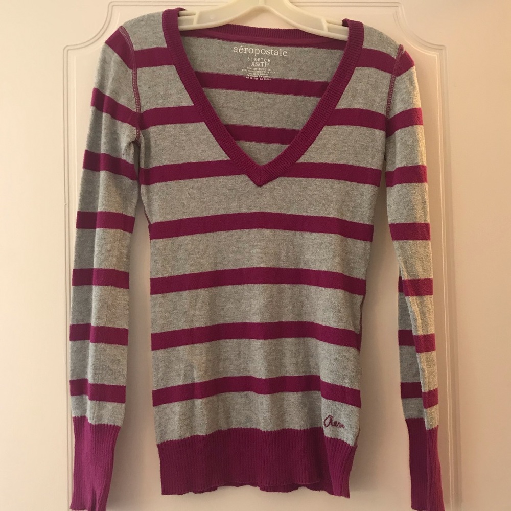 Aeropostale: Purple & White V-Neck Sweater